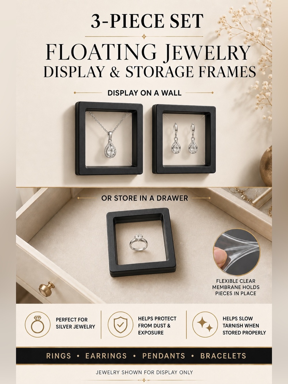 3 piece Floating Jewelry Display & Storage Frames - Black